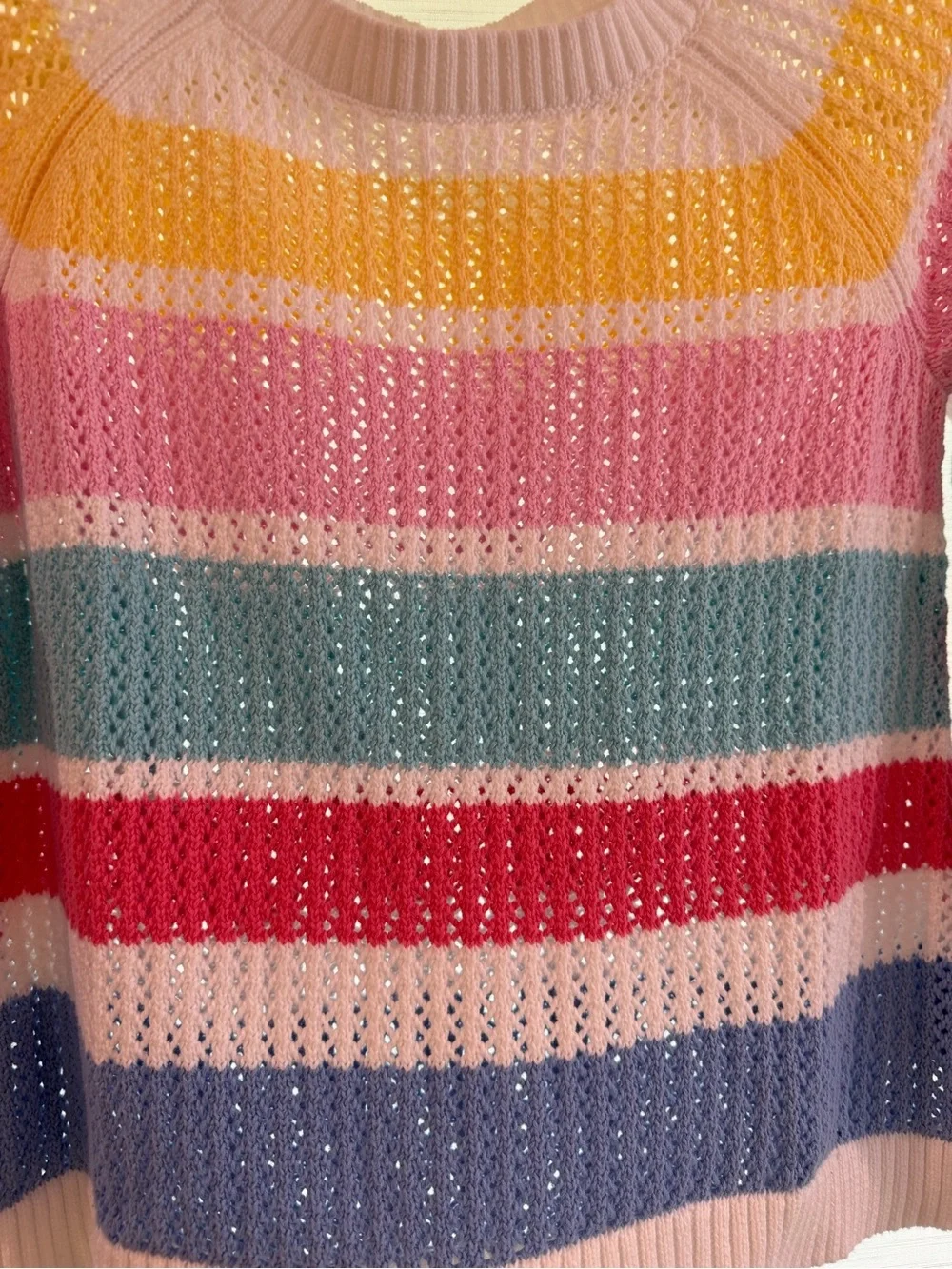 Talbots Open-Knit Crewneck Sweater in Pink, Blue, Yellow, Red, Size small petite